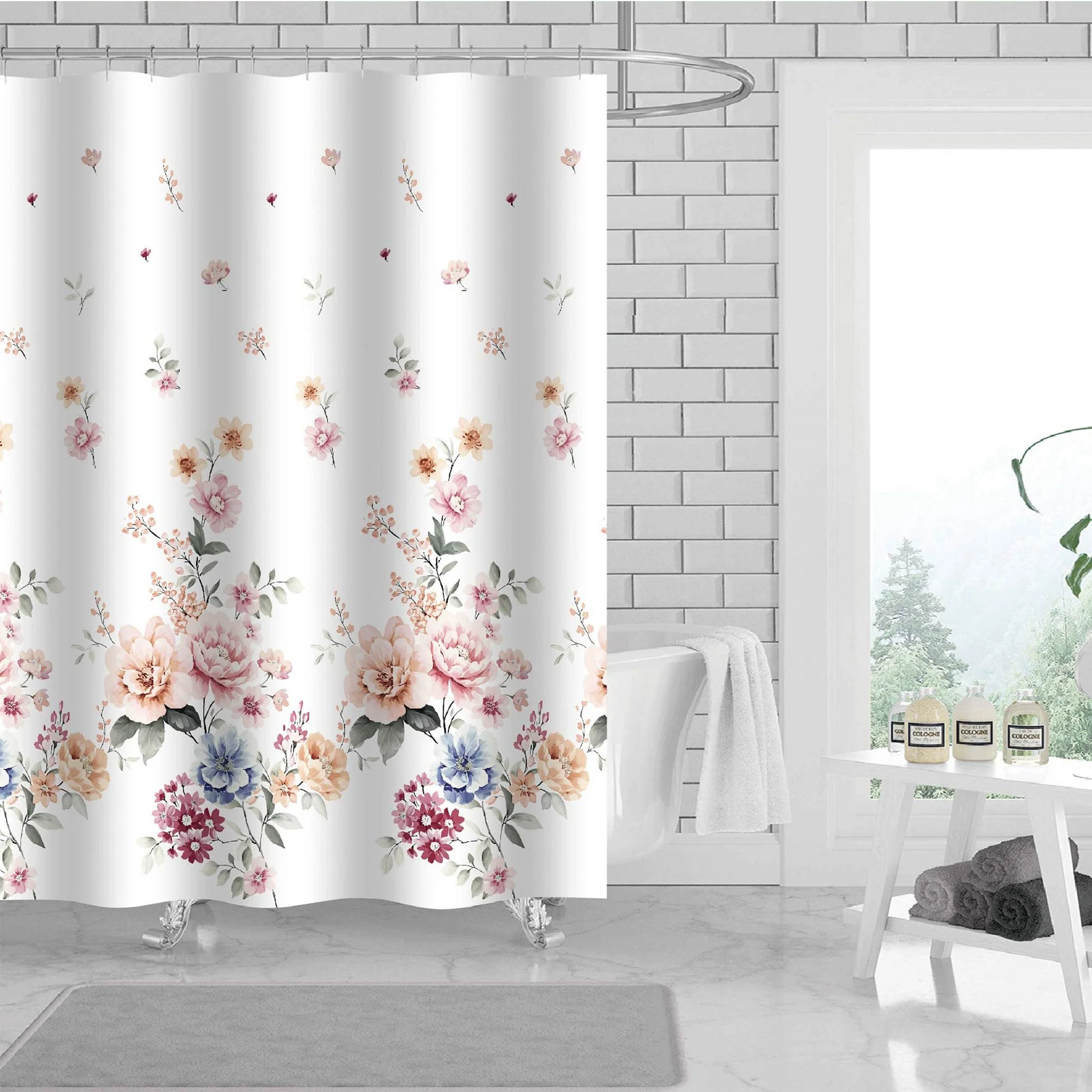 Adell Floral 13 Piece Canvas Shower Curtain with Hooks, White, 70x72 Inches