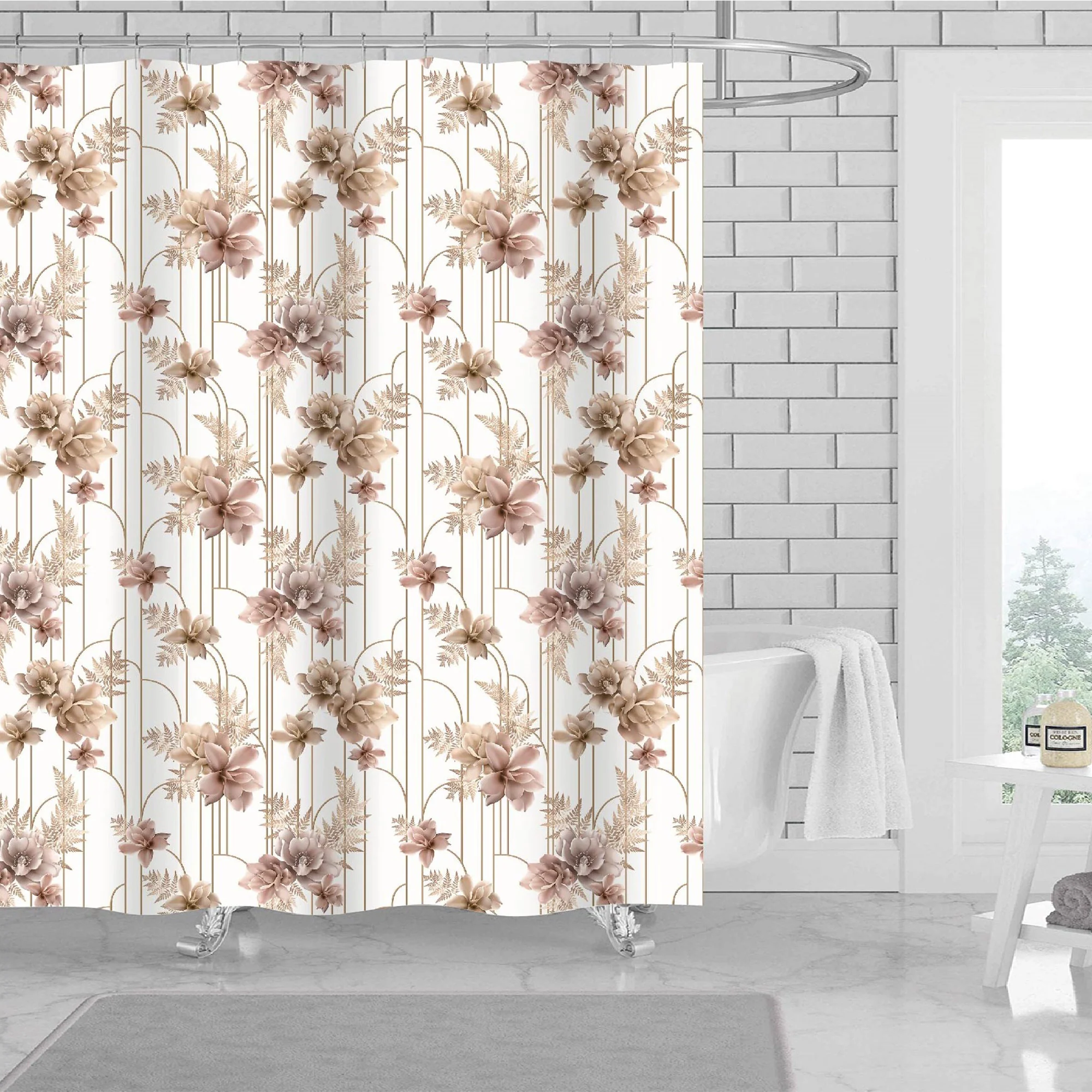 Arzu Floral 13 Piece Canvas Shower Curtain with Hooks, Gold-White, 70x72 Inches