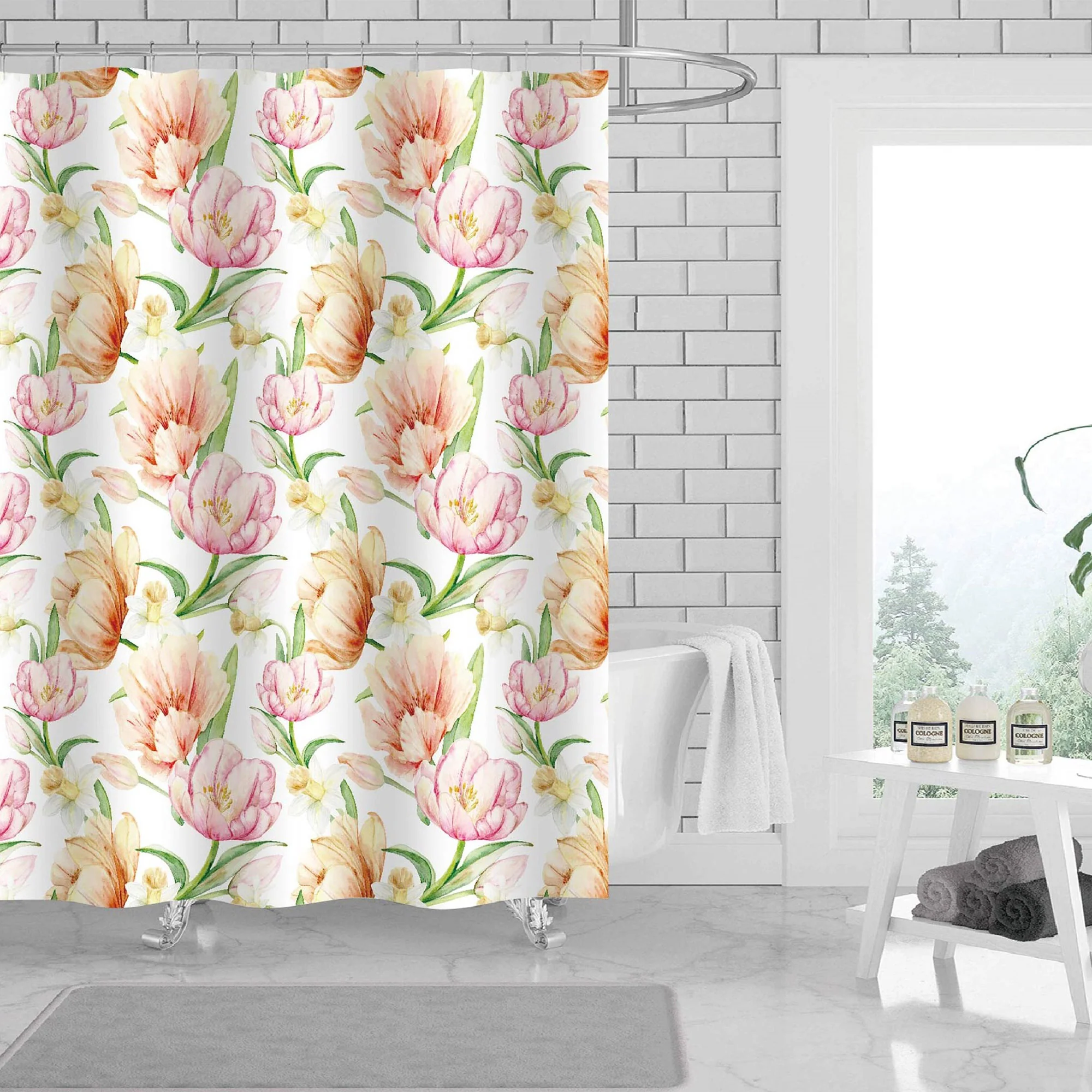Aylla Floral 13 Piece Canvas Shower Curtain with Hooks, Off White, 70x72 Inches