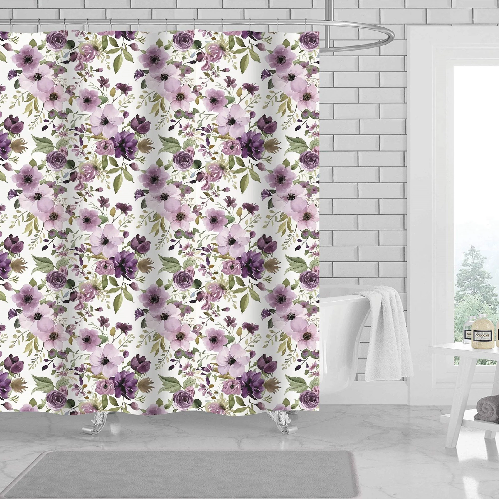 Enola Floral 13 Piece Canvas Shower Curtain with Hooks, Purple-White, 70x72 Inches