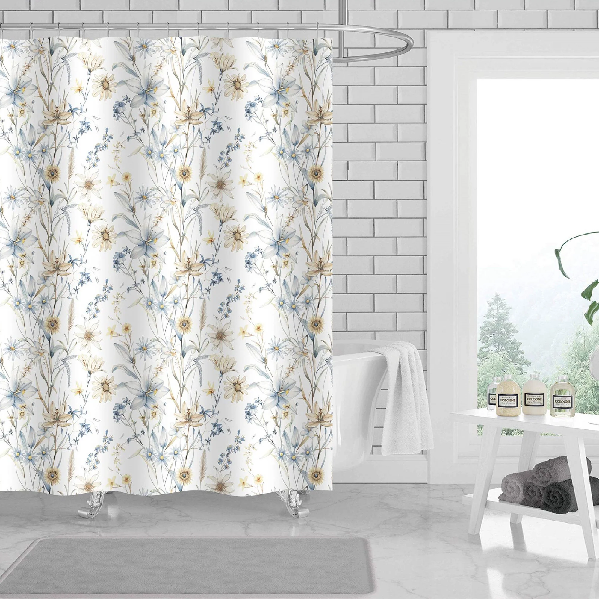 Manon Floral 13 Piece Canvas Shower Curtain with Hooks, White, 70x72 Inches